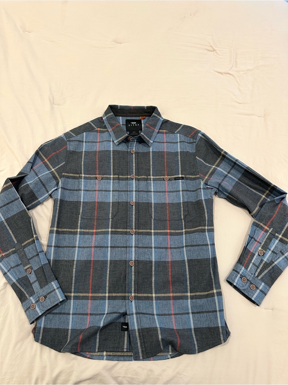 Sitka men's plaid long-sleeve button-up shirt.